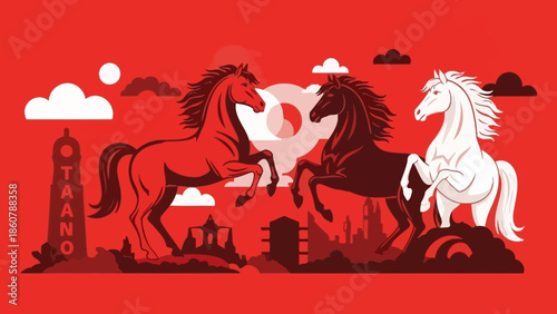 Three majestic horses in dynamic poses.