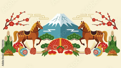 Japanese New Year Celebration with Mount Fuji and Horses.