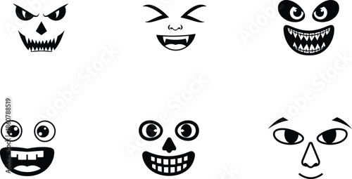 Collection of cartoon monster faces with different expressions and teeth  various creepy smiling and looking emoticons