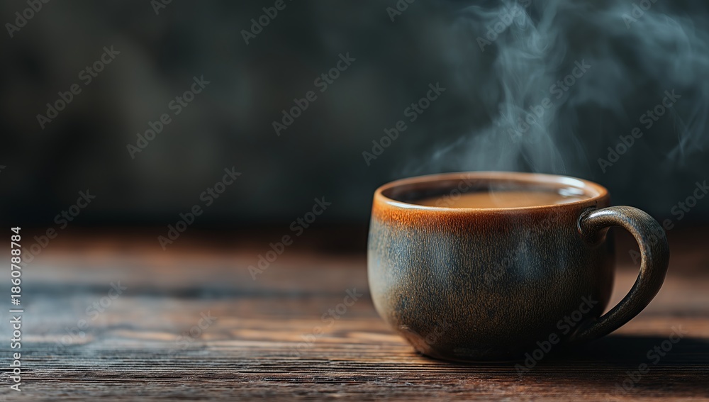 Fototapeta premium A steaming cup of coffee on the table, a close-up shot with a dark background. the photo is taken from an angle that highlights the steam rising off the hot drink and its elegant ceramic mug.