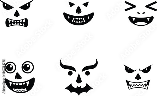Collection of various spooky Halloween face icons with sharp teeth and evil expressions