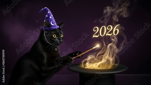 Black cat wizard conjures glowing 2026 from a magic top hat.