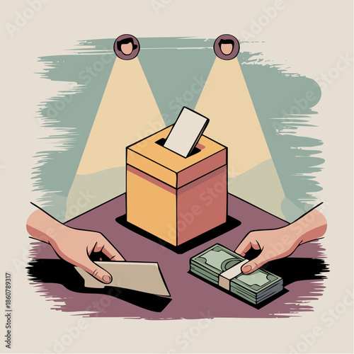 ballot or bribe; hands, money, and votes collide beneath spotlights of influence and political tension