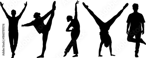 Silhouettes of diverse male and female dancers performing ballet, gymnastics, and stretching exercises, capturing dynamic movement and various athletic poses against a white background, 