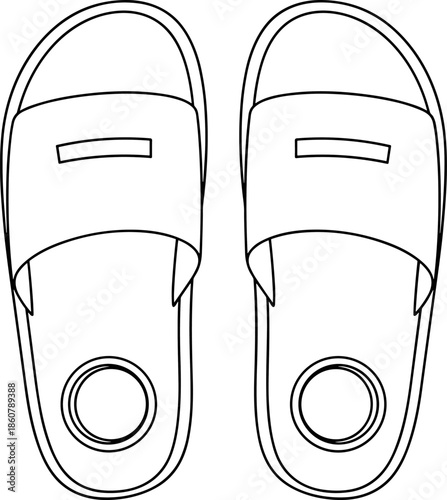 Simple Pool and Shower Slide Sandals Technical Flat Sketch Vector Illustration, Casual Beach or House Slippers, Wide Single Strap Upper, Footwear Apparel Design Template, Top View Outline.