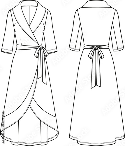 Simple Classic Wrap Dress, Shawl Collar and 3/4 Sleeves, Tie Waist Detail, Women's Fashion Flat Technical Sketch Vector