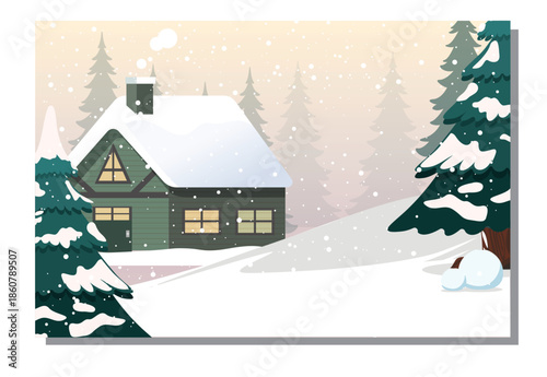 A green house with lit windows nestled between snow-covered pine trees and a snowman