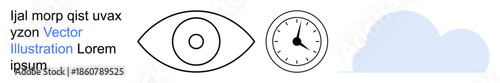 Time management, vision tracking, data synchronization, cloud computing, analytics, symbolism. Eye graphic, clock face cloud icon. Vision tracking and time management in data systems concept