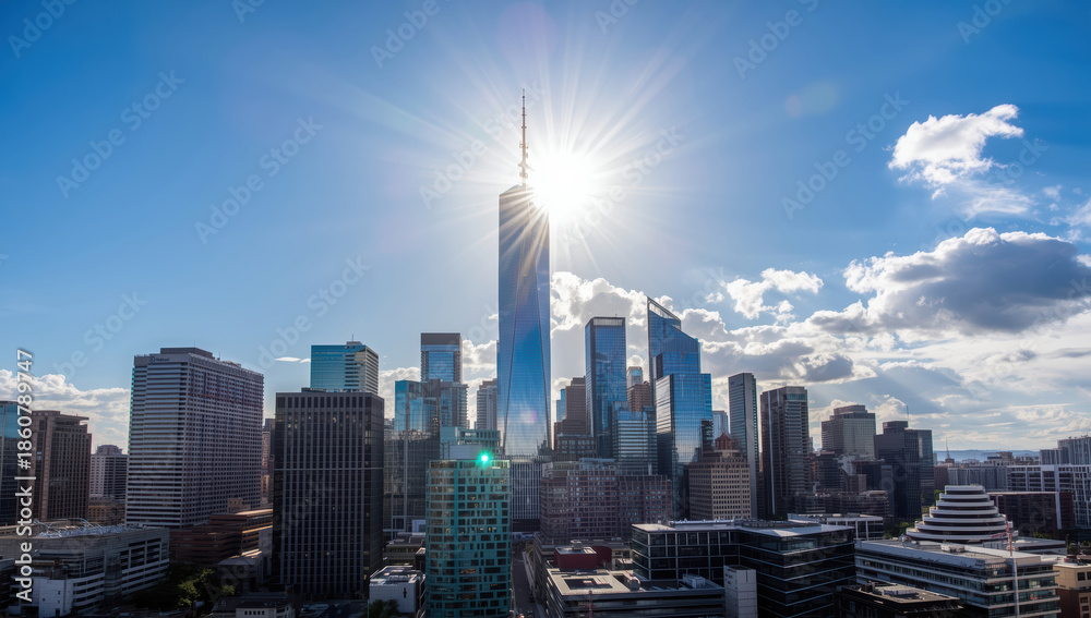 Fototapeta premium Sunlit modern city skyline with reflective skyscraper and dynamic clouds