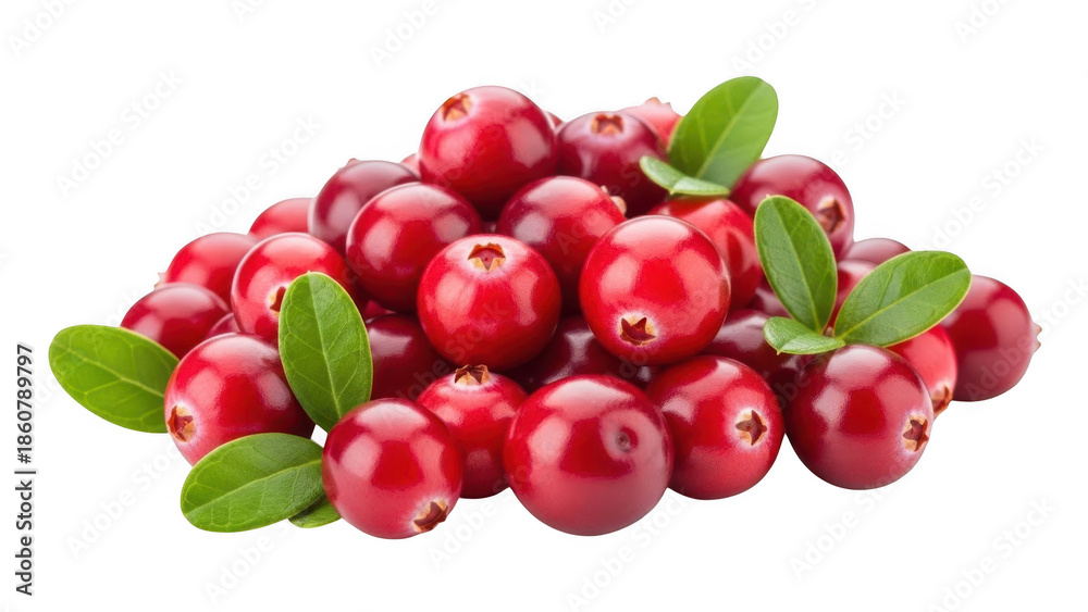 Obraz premium A collection of fresh, vibrant red cranberries with green leaves