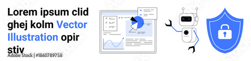 Data security, AI, analytics, protection, digital tools, online safety. A robot, pie chart dashboard and a blue shield lock icon. Data security and AI integration