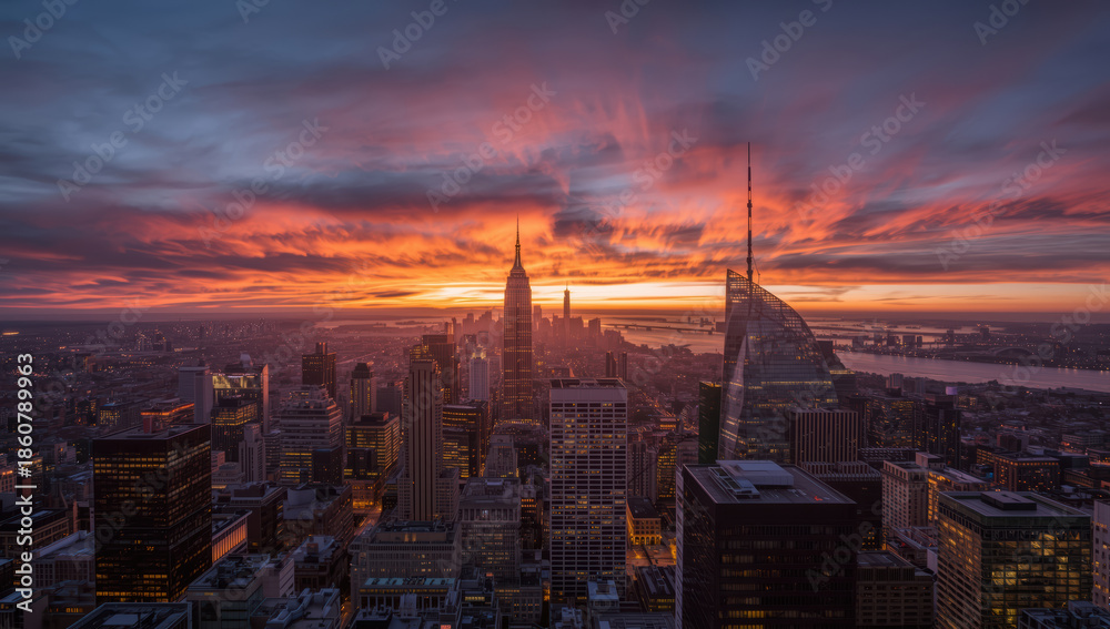 Obraz premium Sunset skyline with glowing clouds and illuminated skyscraper silhouettes