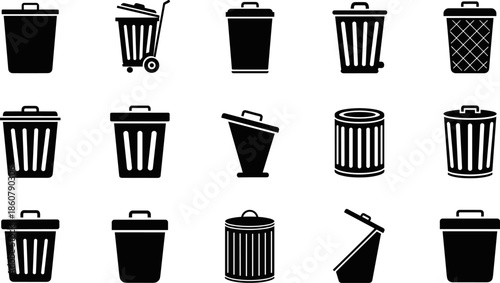 Black Trash Can and Recycling Bin Vector Silhouettes Collection, Garbage Receptacle Graphic Set for Waste Management, Disposal, Hygiene, Environment, and Cleaning Design.