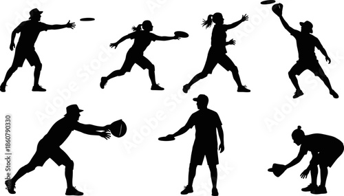 Black Ultimate Frisbee Player Vector Silhouettes, Athletes Throwing, Catching, and Running Graphic Set for Team Sport, Outdoor Game, Exercise, and Recreation Design.