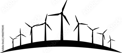 Black Wind Turbine Farm Vector Silhouette Illustration, Horizon Landscape with Multiple Windmills for Renewable Green Energy Production and Sustainable Power Technology Design.
