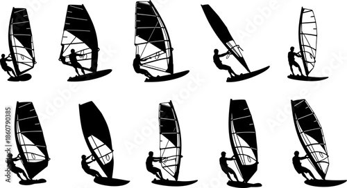Black Windsurfer Vector Silhouettes Collection, Male and Female Athletes on Sailboards Graphic Set for Extreme Water Sports, Summer Recreation, and Ocean Adventure Design.