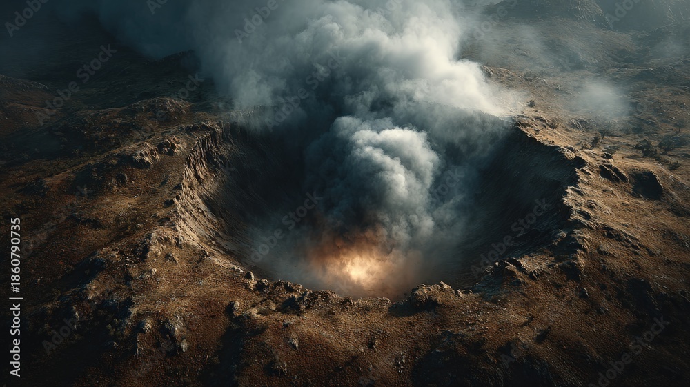 Fototapeta premium A missile impact crater, still smoking, eerie silence, cinematic desolation.