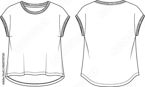 Technical Fashion Flat Sketch of Women's Sleeveless T-Shirt with Contrast Ribbed Trim Neckline, Capped Sleeves, and Curved High-Low Hem Vector.