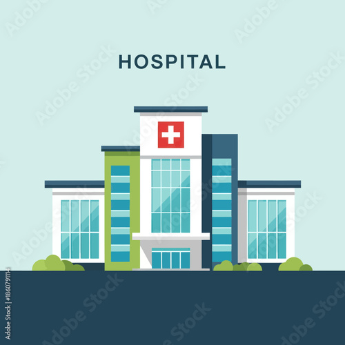 Hospital Building with Red Cross Signage.
