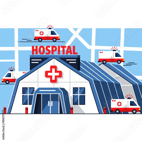 Hospital Building with Ambulances and Medical Cross.