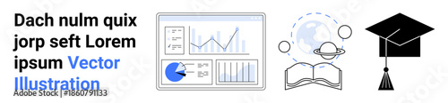 Chart analytics with graphs, open book around planetary orbit, graduation cap. Ideal for education, research, growth, technology, science, global learning simple landing page