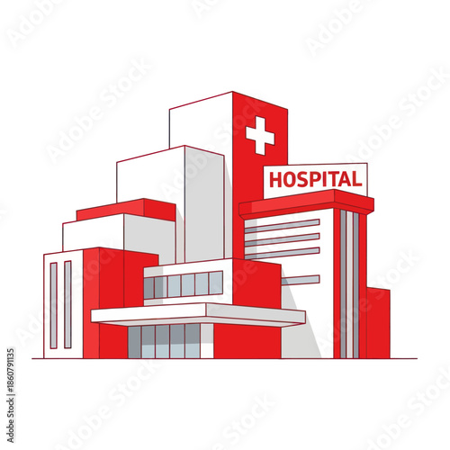 Hospital Building with Red Cross Illustration.