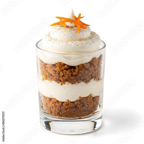 Illustration of delicious carrot cake dessert in a glass cup with whipped cream topping