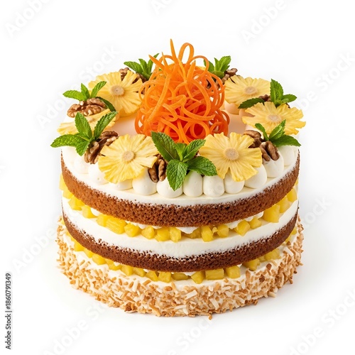 Illustration of delicious layered cake with white frosting and yellow flowers on top isolated on white background