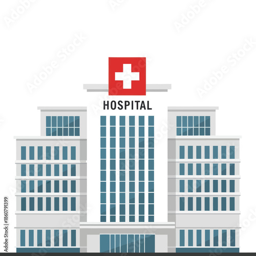 Hospital Building with Red Cross Sign.