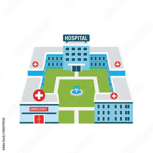 Hospital Building with Red Cross Symbols.