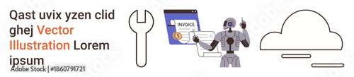 Technology integration, cloud services, automation systems, digital payment, AI innovation, business solutions. Wrench, invoice robot and cloud graphic icons. Technology integration and cloud