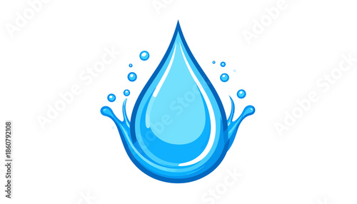Vibrant blue water drop with splashes and bubbles, symbolizing purity, freshness, and hydration, against a clean white background.