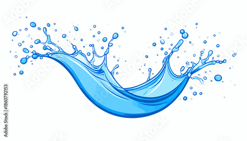 A vibrant blue water splash with droplets scattering, forming a dynamic wave shape.