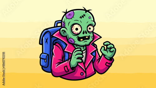 Cartoon Zombie Student with Backpack and Pink Jacket.