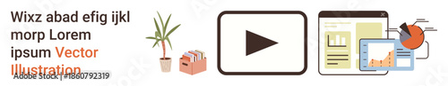 Education, data analytics, multimedia content, office organization, project management, training. Office tools include charts, documents video icon and files. Data analytics and education concepts