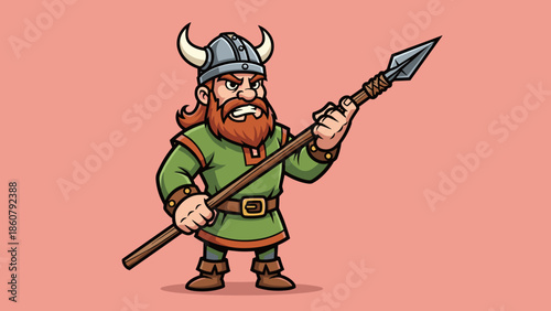 Cartoon Viking Warrior Ready for Battle with Spear.