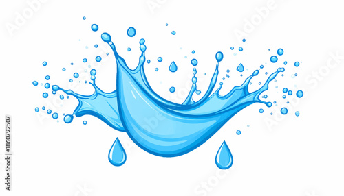 Vibrant blue water splash illustration with dynamic droplets and fluid motion on a clean white background.