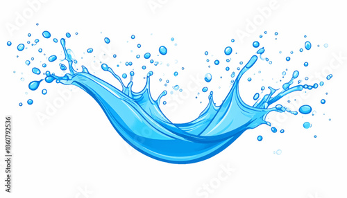 Dynamic blue water splash with numerous droplets creating a vibrant, refreshing wave on a clean white background.