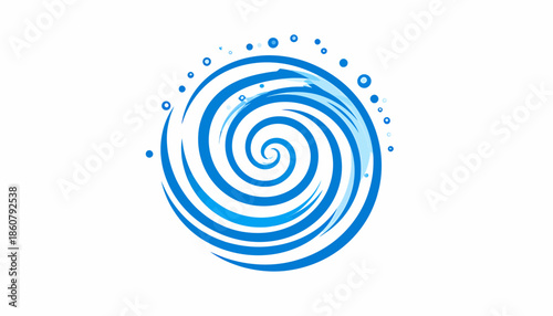 A blue swirling vortex graphic with bubbles, symbolizing water, motion, or energy, on a white background.