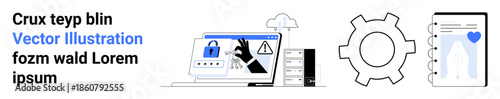 Locked screen laptop with alerts, server stack, gear icon, and analytics dashboard. Ideal for data protection, risk management, IT solutions, innovation processes, and simple landing page