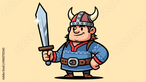 Cartoon Viking Warrior with Sword Ready for Battle.