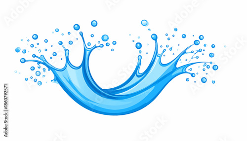 A dynamic blue water splash with droplets, creating a refreshing and clean visual effect on a white background.