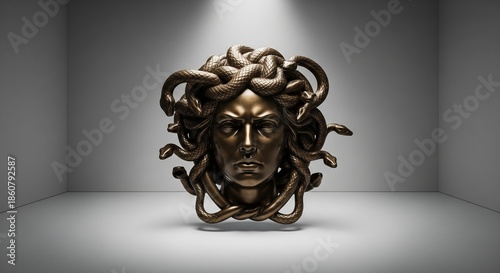 Bronze Medusa bust snakes for hair centered in a bright whitewalled box Spotlight illuminates subject