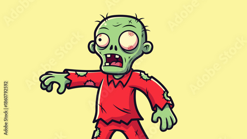 Cartoon Zombie Character with Green Skin and Red Outfit.