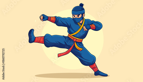 Dynamic Ninja Warrior in Action with Blue Suit and Red Accents.