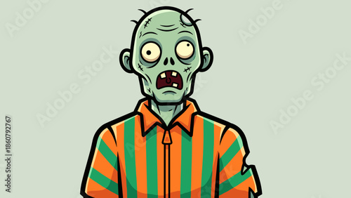 Cartoon Zombie with Green Skin and Striped Shirt.
