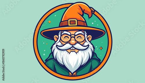Cartoon Wizard Portrait with Orange Hat and White Beard.