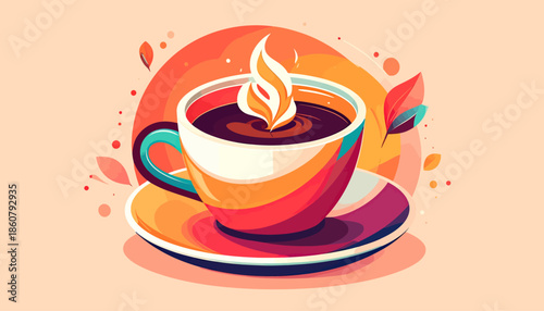 Colorful Coffee Cup Illustration with Steam and Artistic Flair.