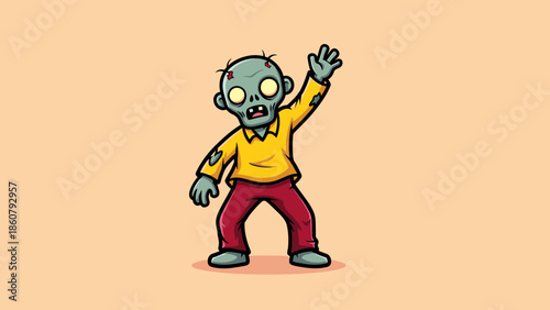 Cartoon Zombie Character with Raised Hand and Glowing Eyes.
