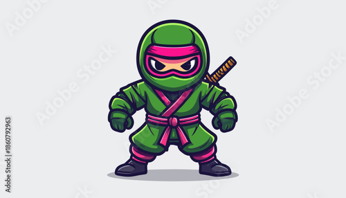 Cartoon Ninja Character Ready for Action with Sword.